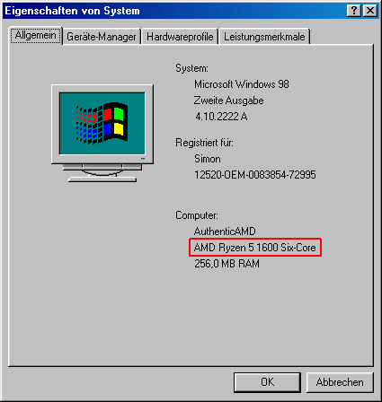 Windows 98 SE erfolgreich mit AMD Ryzen 5 1600 / 3600 CPU in VMware 12.x oder 16.x installieren