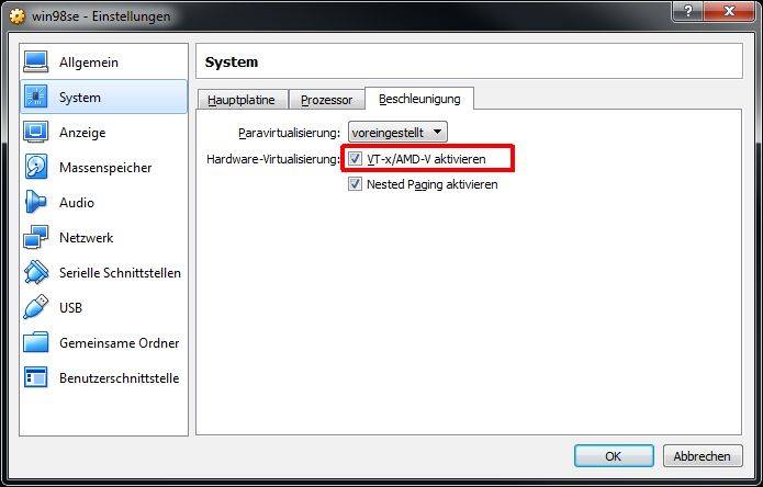 virtualbox system ansicht